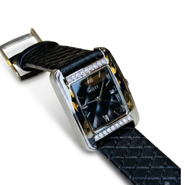 Black Leather Zircon Square Watch