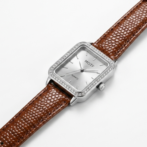 Brown Leather Zircon Square Watch