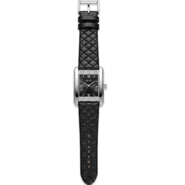 Black Leather Zircon Square Watch