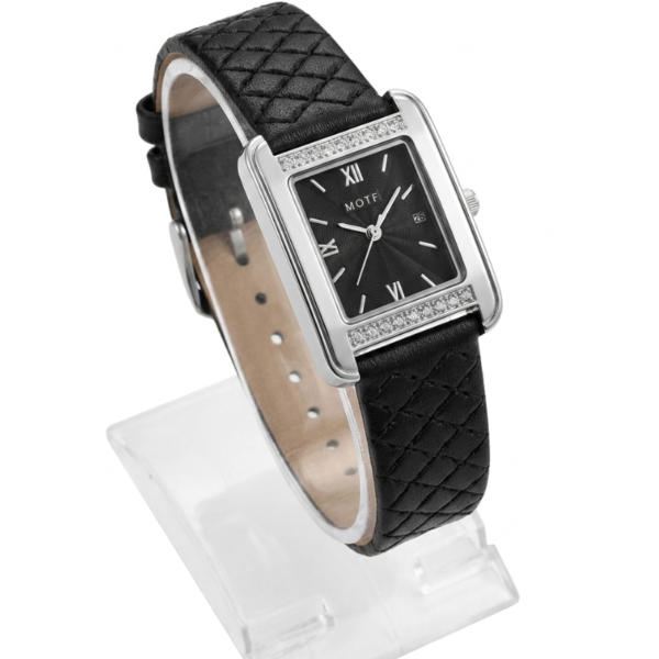 Black Leather Zircon Square Watch